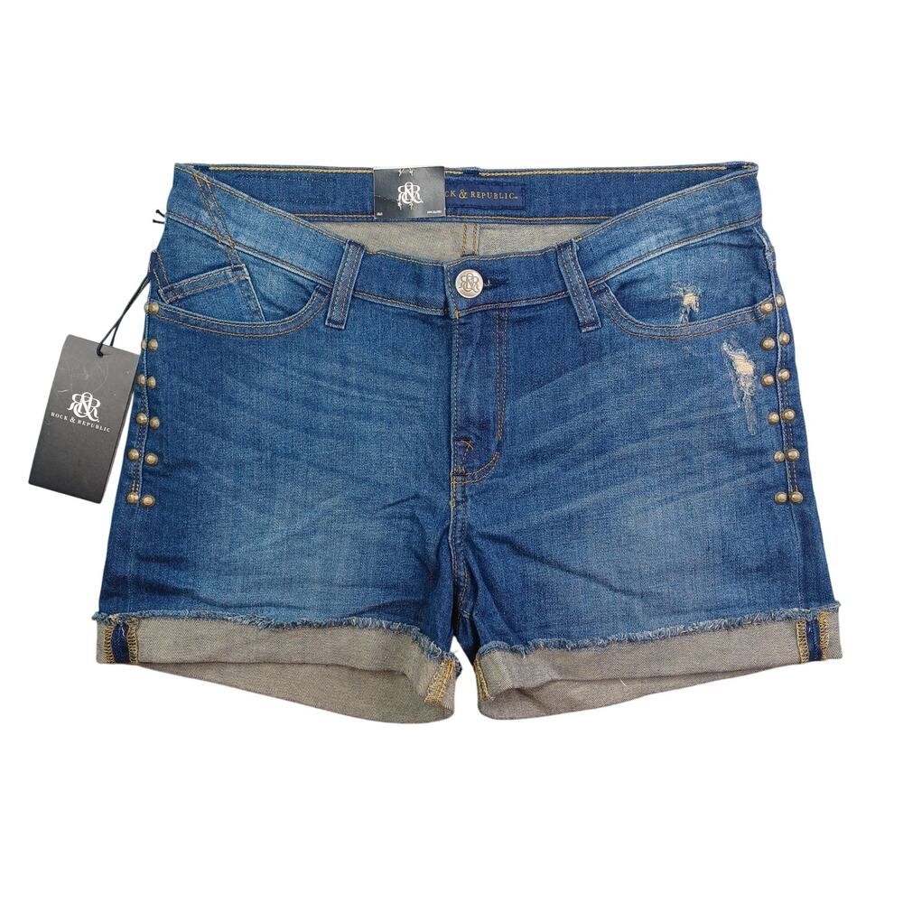 Rock & Republic Denim Jean Shorts Women's‎ 12 Blue Moonstruck Studded Midi Edgy